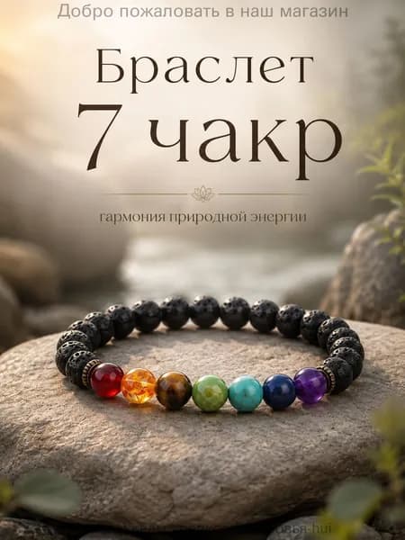 Браслет оберег на руку "Семь чакр" с вулканическим камнем