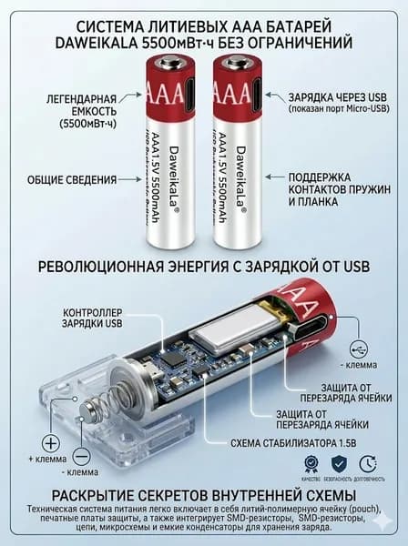 DaweikaLa Аккумуляторная батарейка AAA, 1,5 В, 5500 мАч, 2 шт