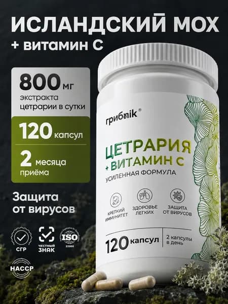 Исландский мох от кашля ( цетрария ) + витамин с 120 капсул, грибnik