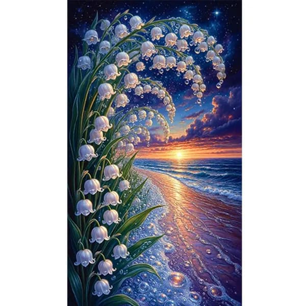 Диамантная картина Морской пейзаж с цветами 40 70 см, 5D, с резиновыми стразами на холсте