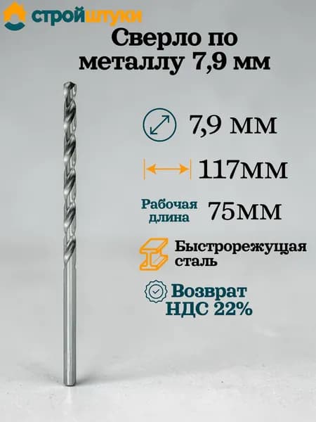 Сверло по металлу 7.9 мм, цилиндрический хвостовик Стройштуки