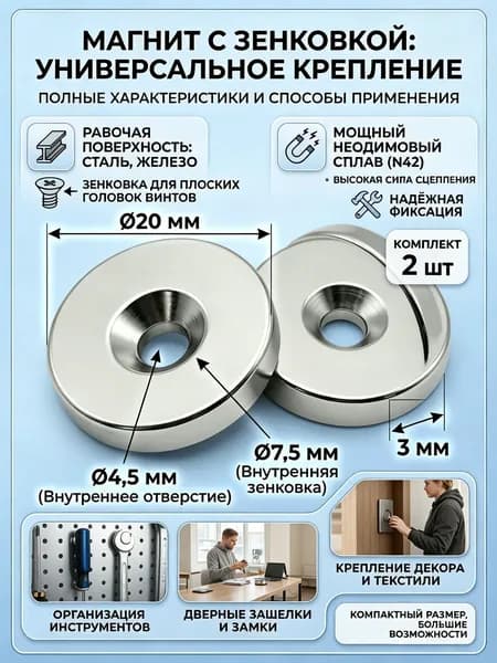 Магнит 20х3 мм с зенковкой 2 шт