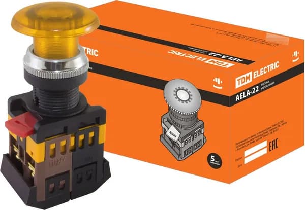 Кнопка управления TDM Electric / ТДМ Электрик AELA-22 Грибок, 1з+1р желтая, неон/230В IP40, под отверстие диаметром 22мм, SQ0704-0034 / кнопочный пост