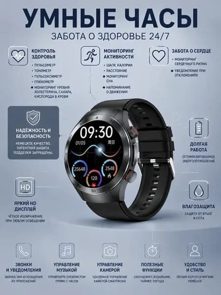 Смарт часы с лазером 650нм тонометр глюкометр ЭКГ давление