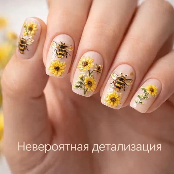 Слайдеры для маникюра и дизайна ногтей 5D рельефные, яркие подсолнухи и желтые цветы, летний декор