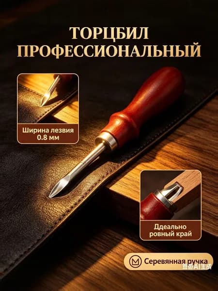 Торцбил профессиональный 0.8 мм, кромкорез для кожи-инструмент для обработки уреза и снятия фаски, кожевенный нож с деревянной ручкой