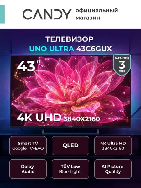 Candy Телевизор 43″ 4K UHD, черный, серый