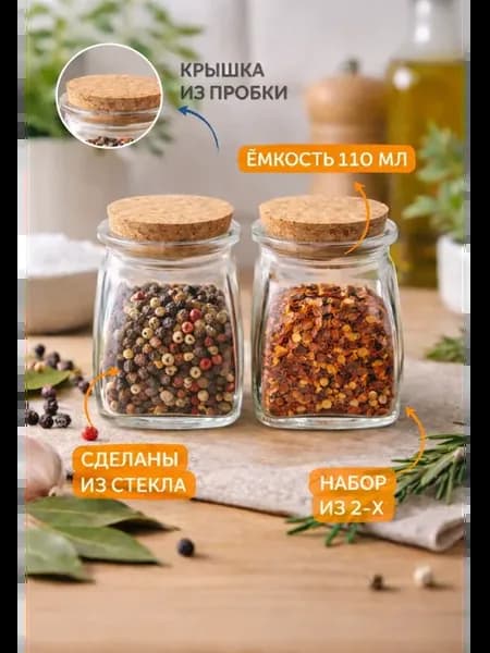 Баночки для специй с пробковой крышкой 110 мл набор 2 шт