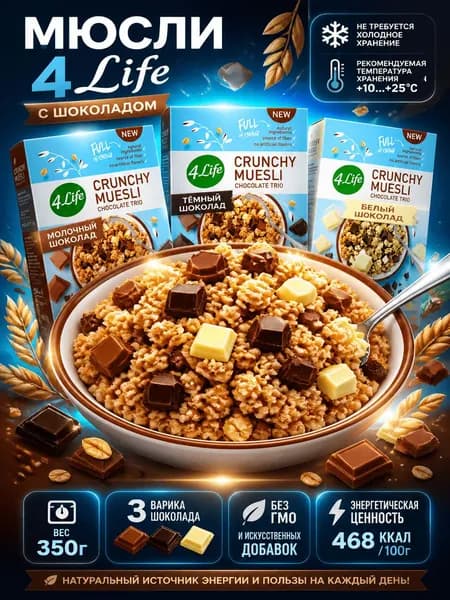 Мюсли 4Life 3 вида шоколада хрустящие, 350г x 3 шт