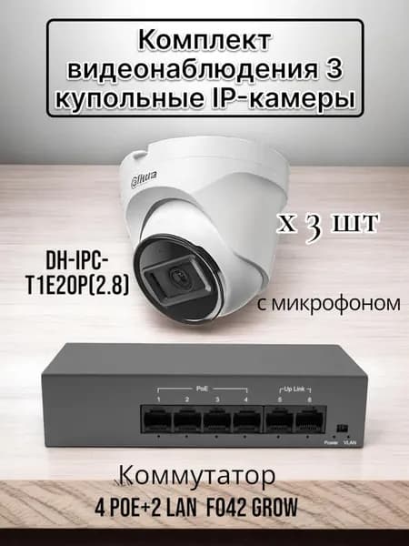 Комплект IP- видеонаблюдения на 3 купольные камеры для ПВЗ