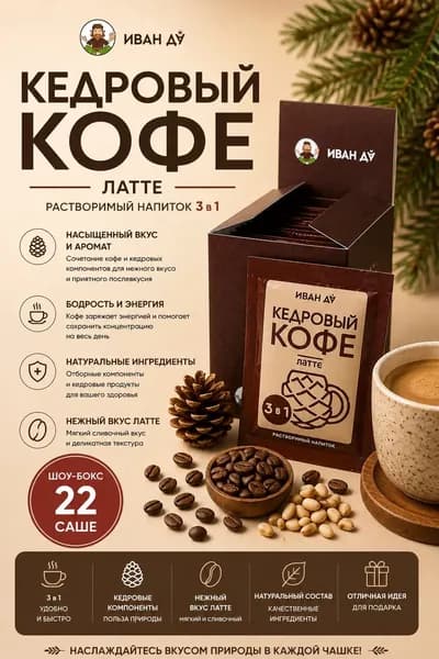 Растворимый напиток Кедровый кофе, латте, 3в1, 22 пакета по 10г.