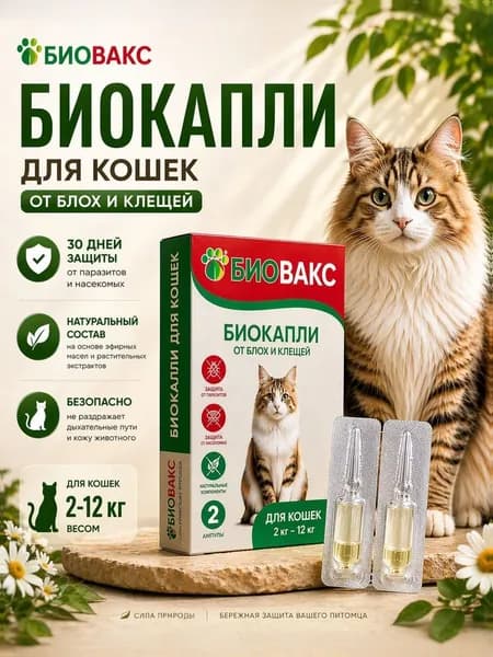 БиоВакс био-капли на холку для кошек антипаразитарные от блох и клещей 2 пипетки