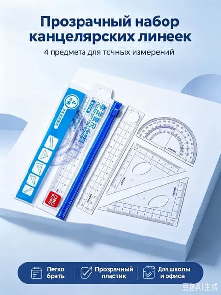 Набор линеек Deli 4 предмета 15 см, прозрачный пластик, линейка, транспортир, треугольники для школы и экзаменов