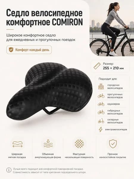 Седло велосипедное взрослое комфортное COMIRON широкое 255х215 мм., на пружинах,чёрное