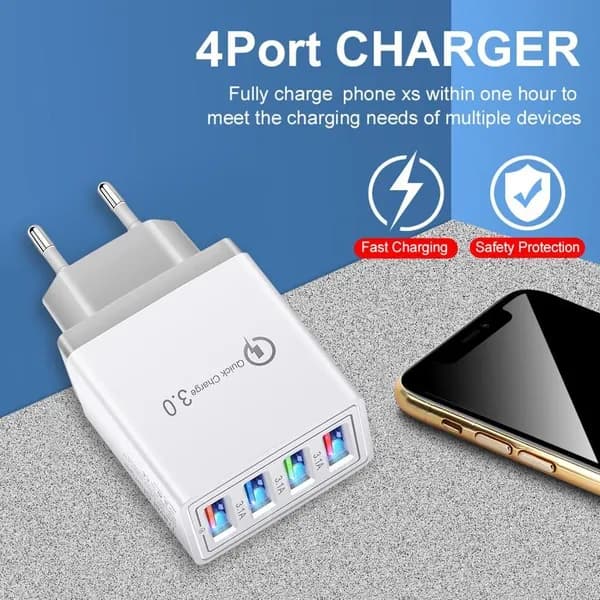 4-портовый USB-зарядное устройство с LED-подсветкой, европейский стандарт, серый цвет