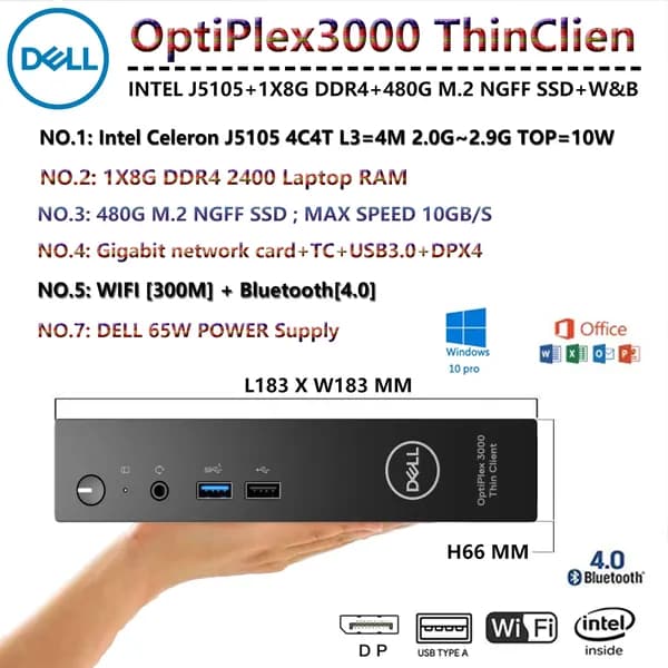 Мини-ПК (Intel Celeron N5105, RAM 8 ГБ, SSD 480 ГБ, HDD 480 ГБ, Intel HD Graphics 600, Windows 10 Pro), черный матовый