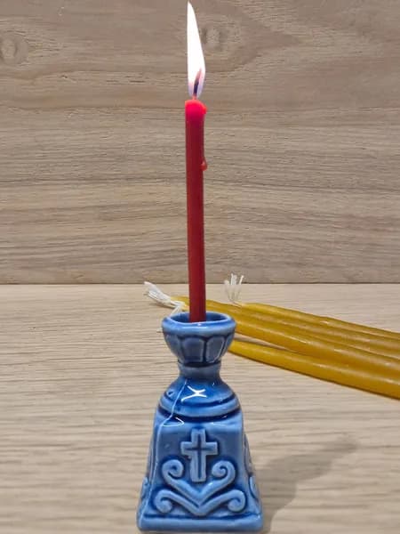Подсвечник для церковной тонкой свечи керамический синий (тумба)