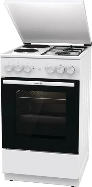 Плита комбинированная Gorenje GK5A12WG, 50 см, 68 л, газовые и электрические конфорки, газ-контроль, очистка паром, механическое управление, белый