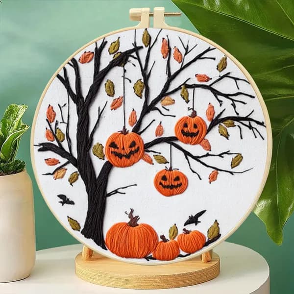 Набор для вышивания Pumpkin Night на хлопковой ткани 24 24 см с деревянным пяльцами 15 см