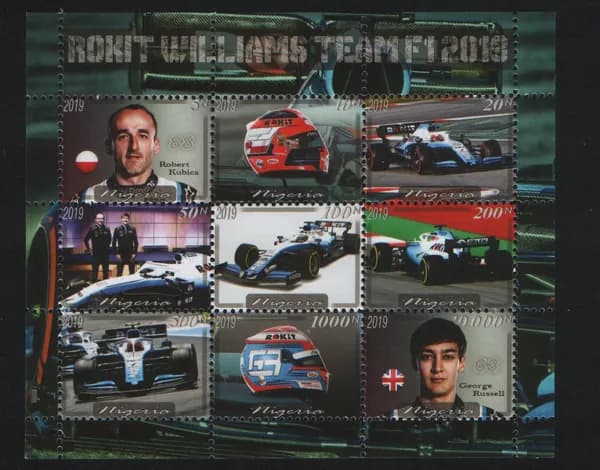 Нигерия 2019 Команды Формулы-1 2019, сувенирный лист с 9 марками Rokit Williams (MNH)