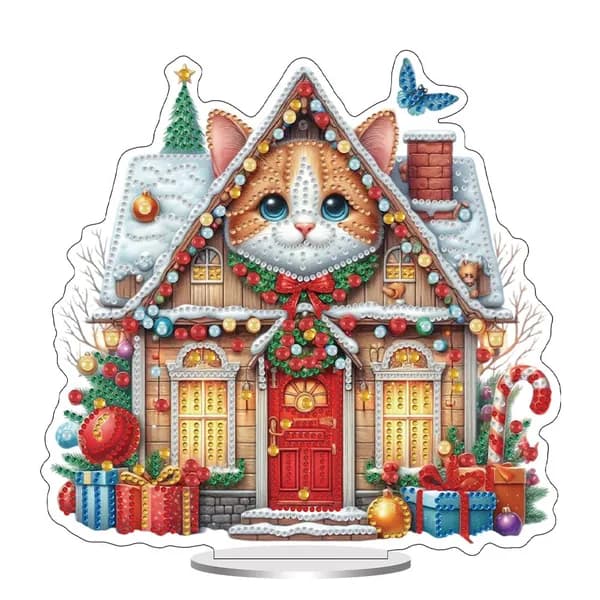 Диамантная картина Рождественский домик для кошек , 24 24 см, DIY-набор со стразами