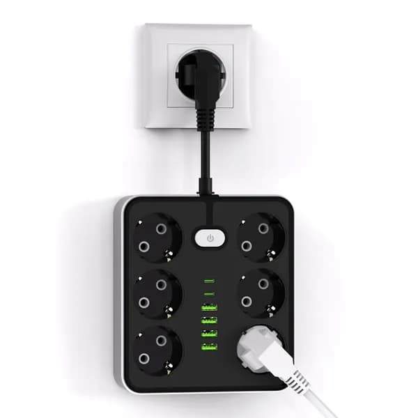 Удлинитель розетки с 6 розетками переменного тока, 4 USB-портами, 2 Type-C, зарядное устройство с вилкой EU, электрический выключатель