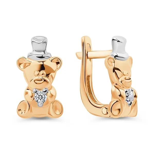 Серьги Мишка детские с фианитами из красного золота 585 пробы 585GOLD