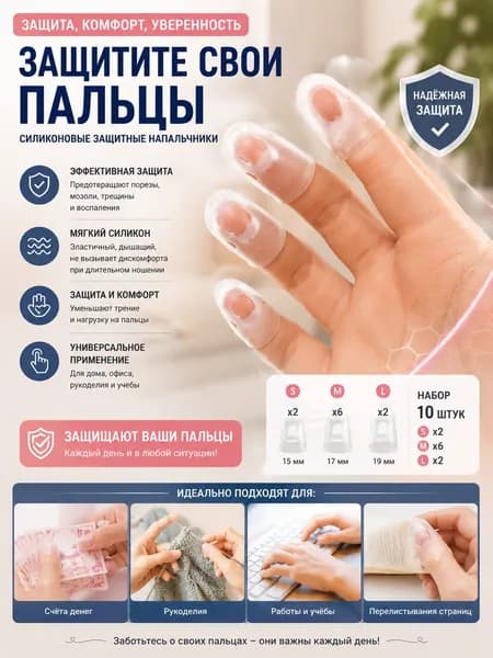 Силиконовые напалечники 10 шт износостойкие, утолщённые, противоскользящие. Для счёта денег, листания книг, игры на гитаре. Защита от боли и мозолей.