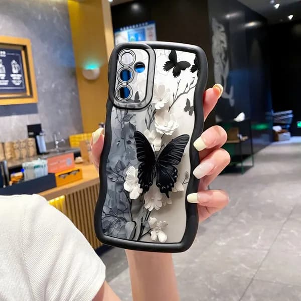 Чехол на Самсунг галакси Samsung A15 Чёрная бабочка Корпус телефона с волновой рамкой защищен от сбрасывания