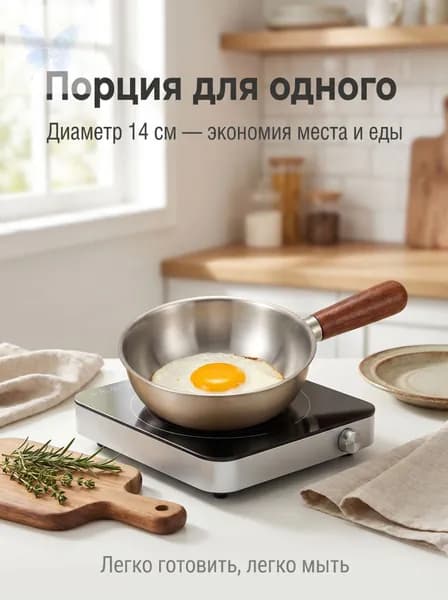 Микросковорода из нержавеющей стали 14 см с ручкой из орехового дерева, легкая 150г для одного человека