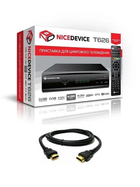 Цифровой DVB-T2 ресивер NiceDevice T626 (DVB-C, LAN, USB, IPTV) + Кабель HDMI 1.5 м медный