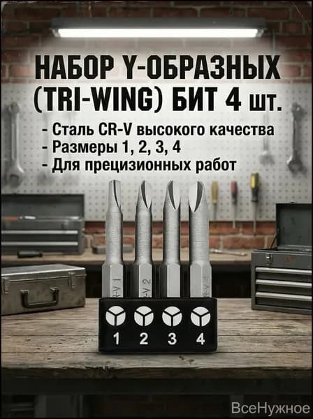 Набор Y-образных (TriWing) бит 4 шт компактный держатель, длина 5 см, для ремонта электроники и бытовой техники