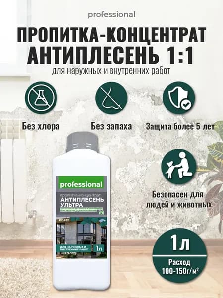 PROFESSIONAL Средство от плесени и грибка, пропитка Антиплесень Ультра антисептическая для уничтожения плесени 1л, концентрат 1:1