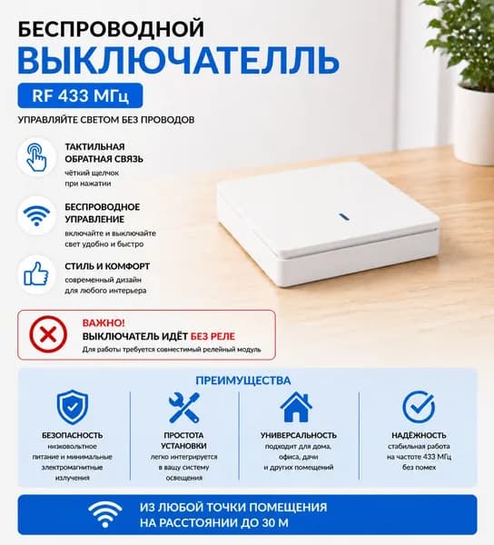 Беспроводной одинарный выключатель RF 433 МГц с дистанционным управлением (Ф)