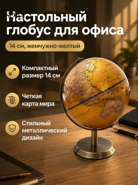 Земной глобус диаметром 14 см, жемчужно-желтый, металлическая подставка