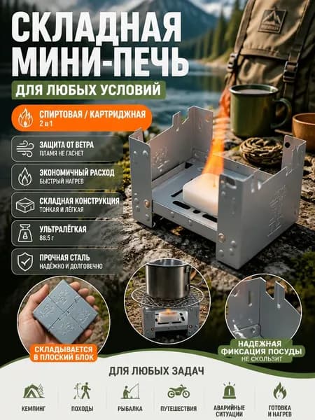 Подставка-горелка таганок для сухого горючего, разборная мини печь , для рыбалки, охоты, кемпинга, разогрева еды и кипячения воды