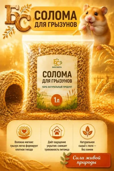 Солома для грызунов 1 л, наполнитель для клетки, натуральная, для хомяка и крысы, Биосфера