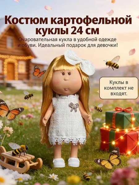 Милый набор одежды и обуви для куклы-картошки высотой 24 см (игрушка не входит в комплект).