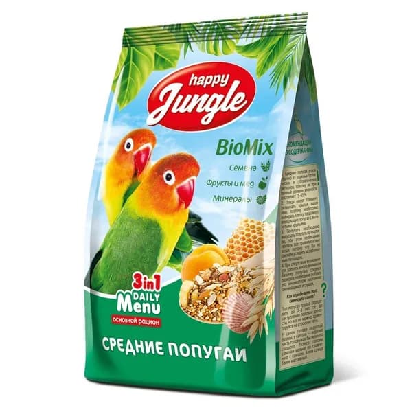 Корм сухой HAPPY JUNGLE для средних попугаев 500г