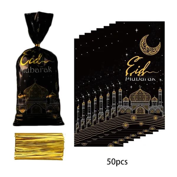 Мешки подарочные Eid Mubarak 50/100 шт. с веревкой, Черный - 50 шт.