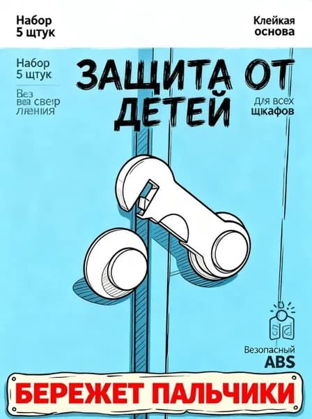 Блокиратор дверей и ящиков от детей 5 шт, замок на шкаф и комод на липучке, защита от защемления пальцев, белый
