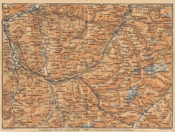 Карта (план). Швейцария. Долина рек Хинтеррейн и Ландвассер. Давос, Тусис. Смешанная техника. Германия, Лейпциг, 1905 год
