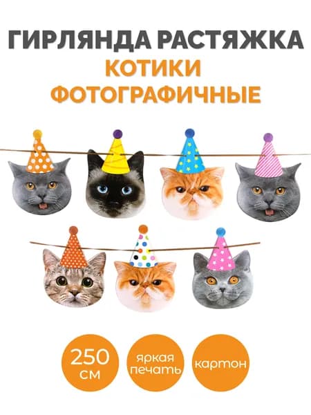 Гирлянда растяжка Котики в колпачках фотографичные 250 см.