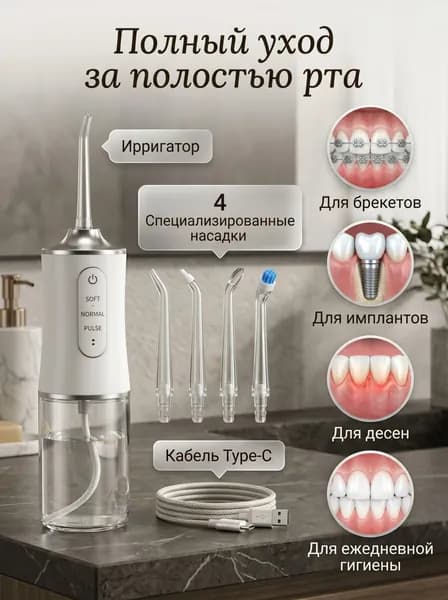 Ирригатор для полости рта портативный, для чистки зубов, десен, брекетов, виниров, протезов, языка