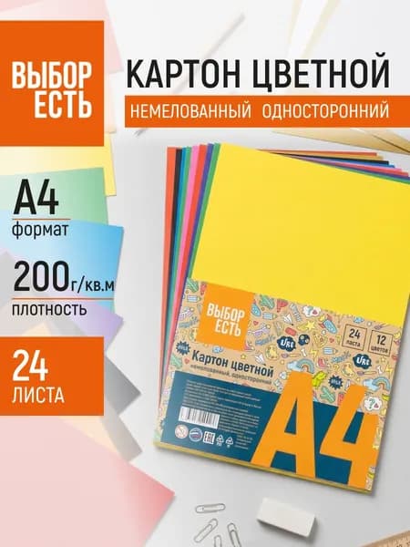 Картон цветной А4 Выбор есть Отличник, 24 листа, 12 цветов, немелованный односторонний