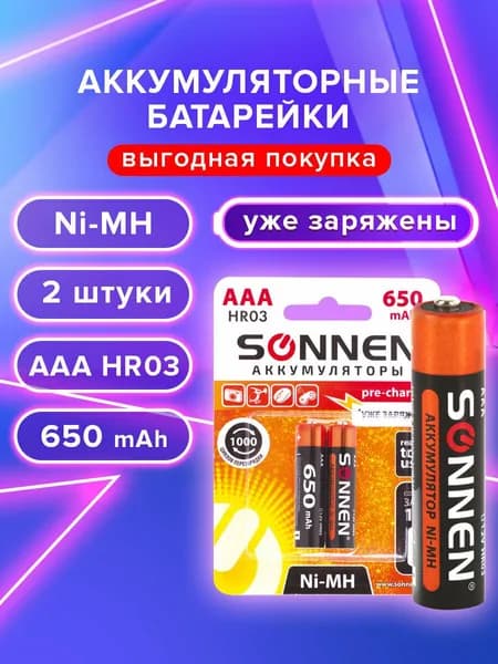 Батарейки аккумуляторные мизинчиковые ААА 2 штуки SONNEN Ni-Mh 650 mAh