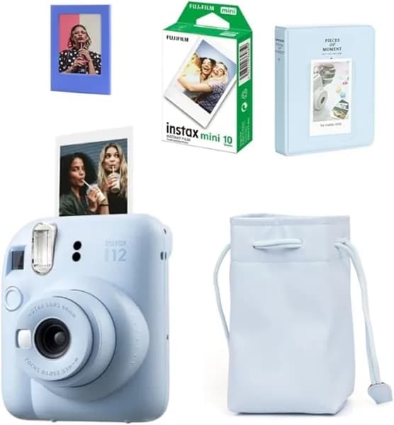 Fujifilm Instax Mini 12 синий фотоаппарат, 10 пленок, чехол, альбом на 64 страницы, магнитная рамка.