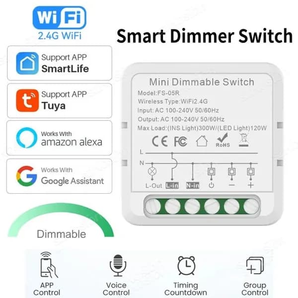 Умный диммер Wi-Fi реле Tuya 16А для умного дома, 300вт