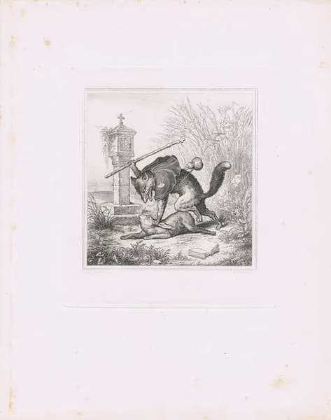 Лис Патрикеич (Рейнеке-лис). Рейнеке-лис напал на кролика. Офорт. Россия, Санкт-Петербург, оттиск 1901 (доска 1867) года