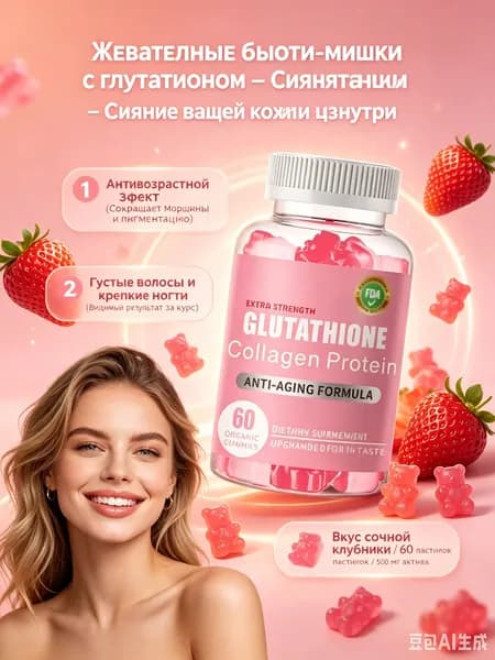 Жевательные витамины для женщин, коллаген с глутатионом-60шт, антивозрастной бьюти-комплекс для кожи/волос/ногтей